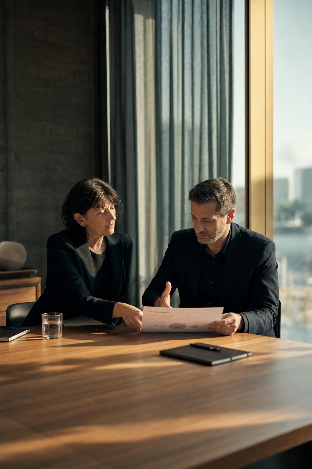 Two senior advisers reviewing a strategy document at a boardroom table in warm afternoon light
