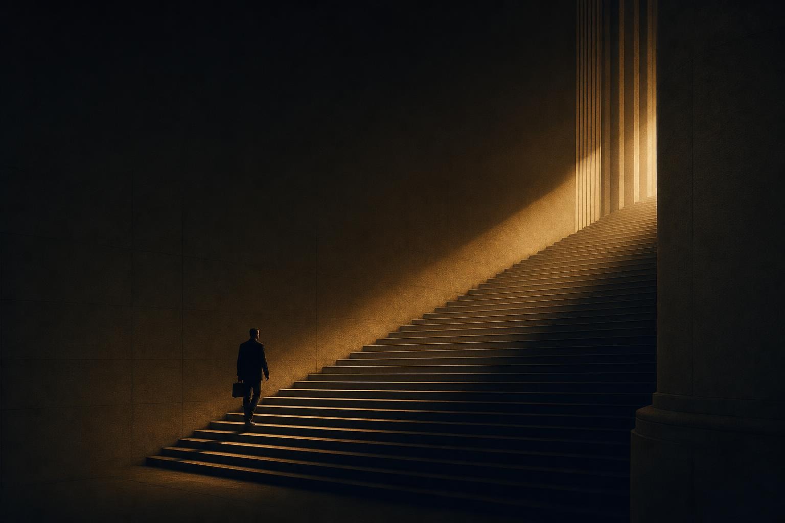 A lone figure ascends a dark stone staircase raked by warm gold light
