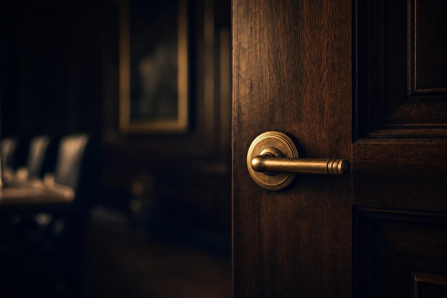 A brass boardroom door handle catching warm light, the room beyond softly out of focus