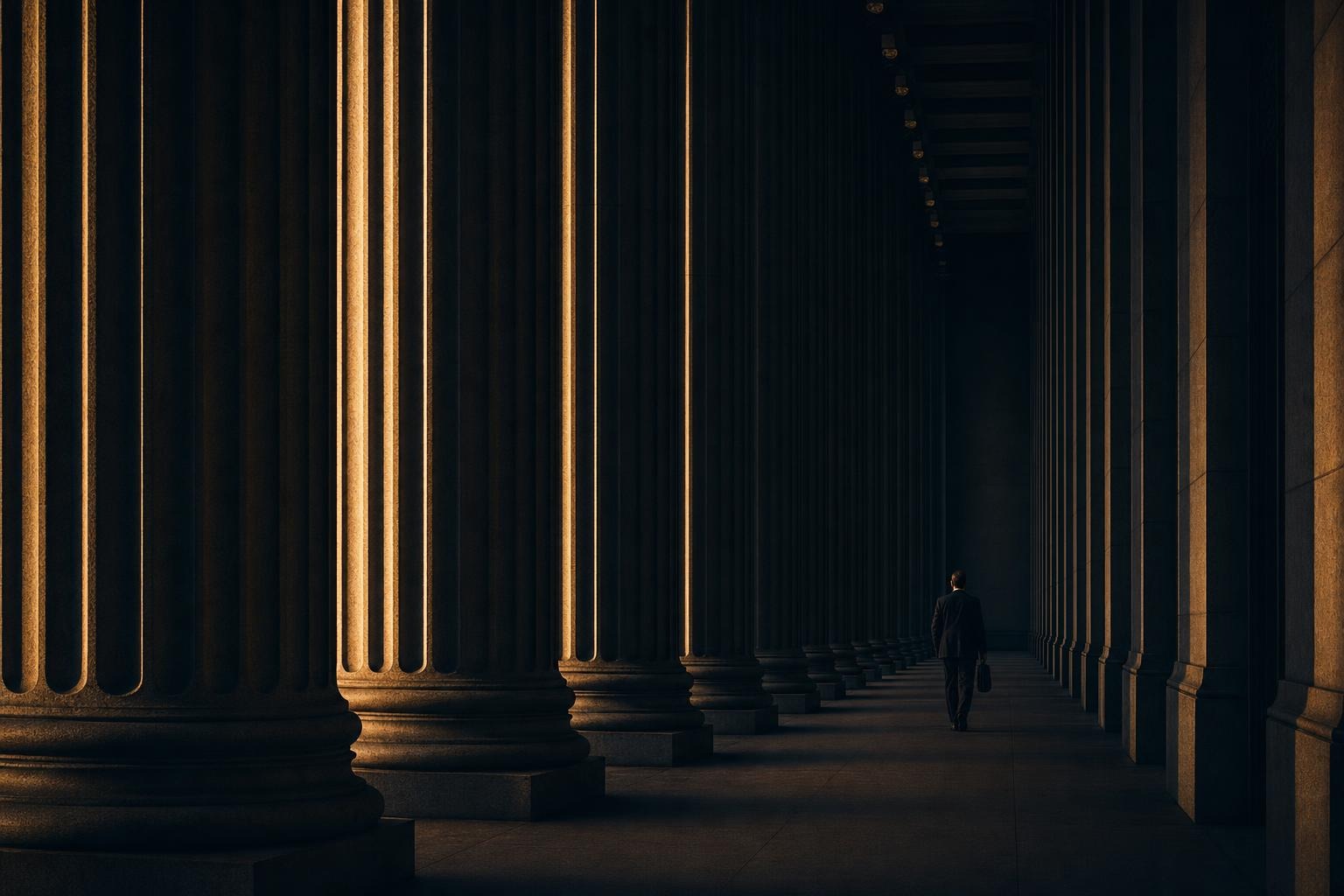 A dark colonnade of fluted stone columns grazed by warm gold light, a lone figure in the distance